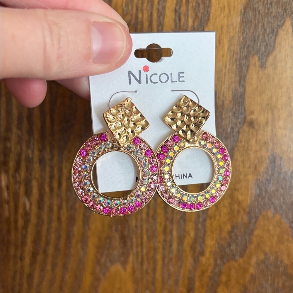 Nicole Gold and Pink Rhinestone Hoop Stud Earrings NEW